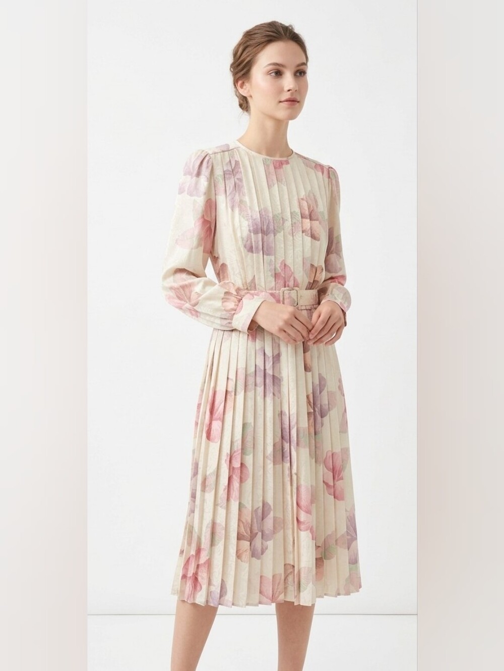 Vintage Women’s 6 Small Floral Pleated Midi Dress Belted Cottagecore Romantic